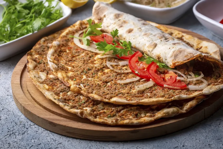 Lahmacun, the original Turkish flatbread topped with minced meat and herbs.